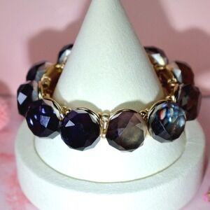 Vintage 1960s Style Faceted Smoky Lucite Gold Bezel Stretch Cuff Bracelet NOS